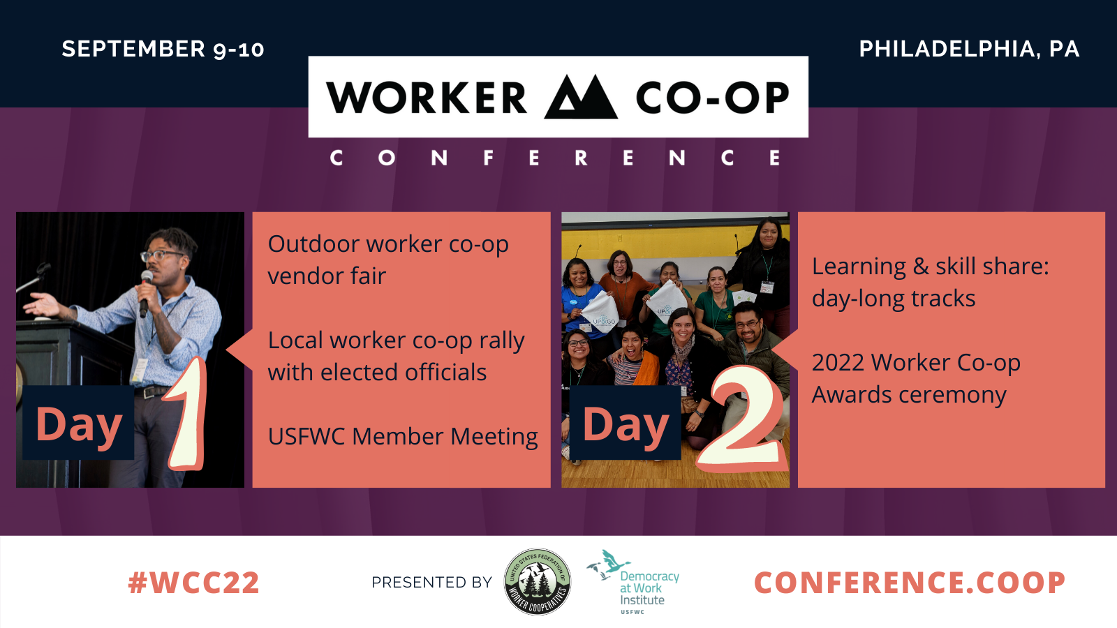 A purple graphic with photos of people sitting together posing and smiling and of a person talking into a microphone, text that reads worker co-op conference schedule day 1 day 2