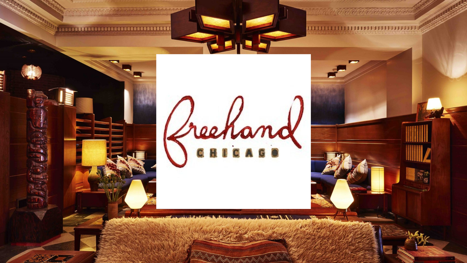 Photo of luxurious, rustic hotel room with a logo overlaid for Freehand Chicago.